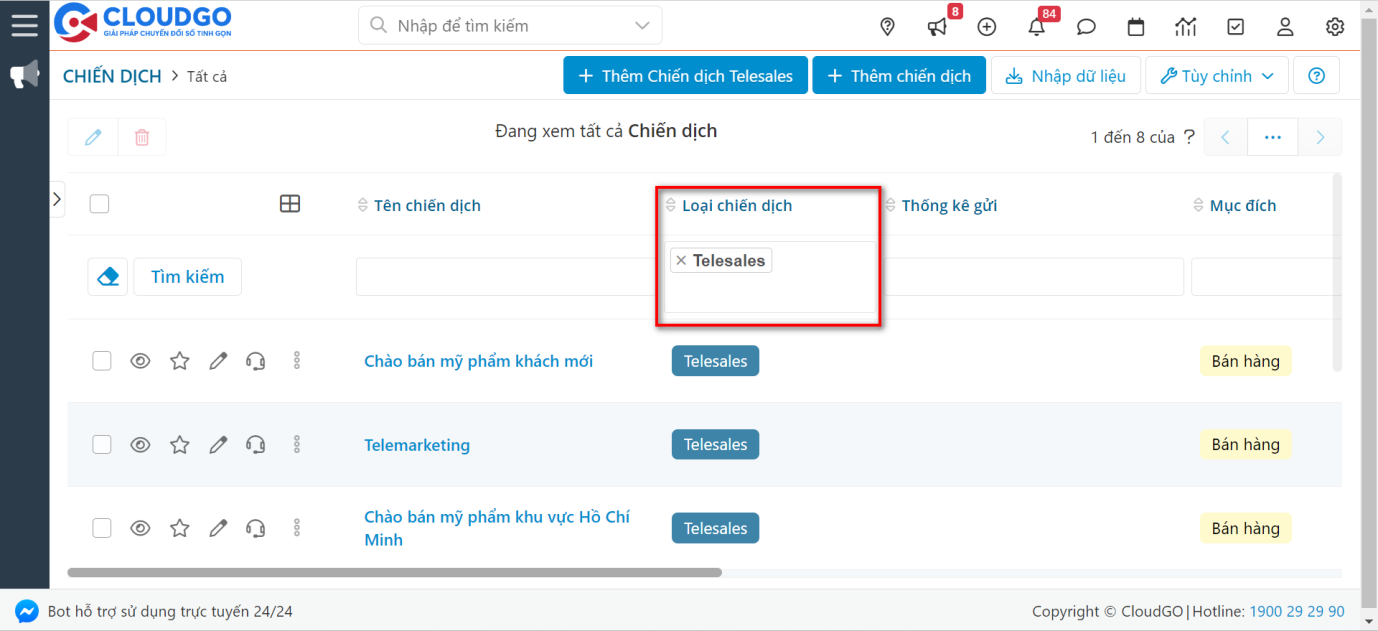 Loại hình Chiến dịch Telesale Campaign, không liên quan khi tích hợp Ladipage