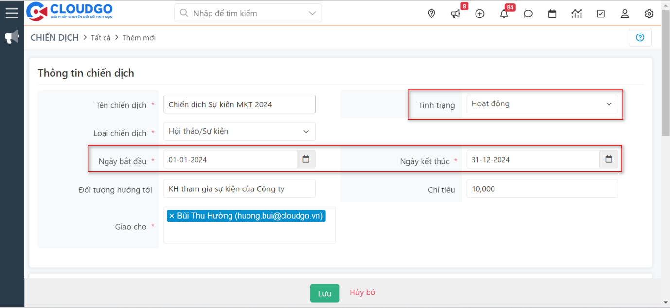 Nhập thông tin Chiến dịch trên CRM