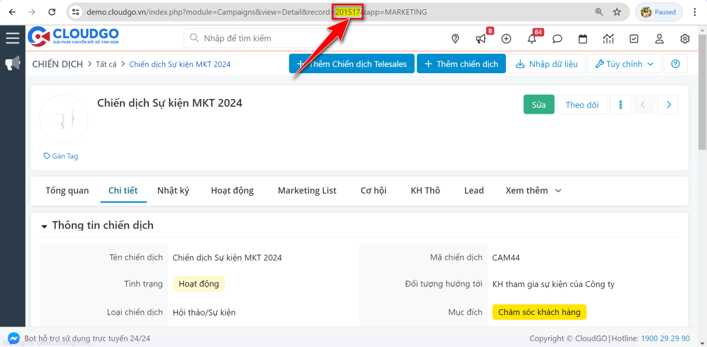 Bước 2 — Lấy thông tin id Chiến dịch trên CRM