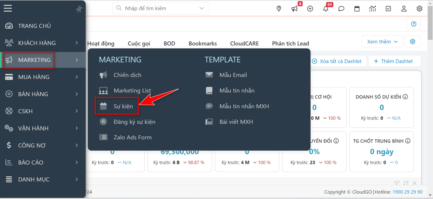 Bước 1 — Truy cập danh mục Marketing, chọn module Sự kiện