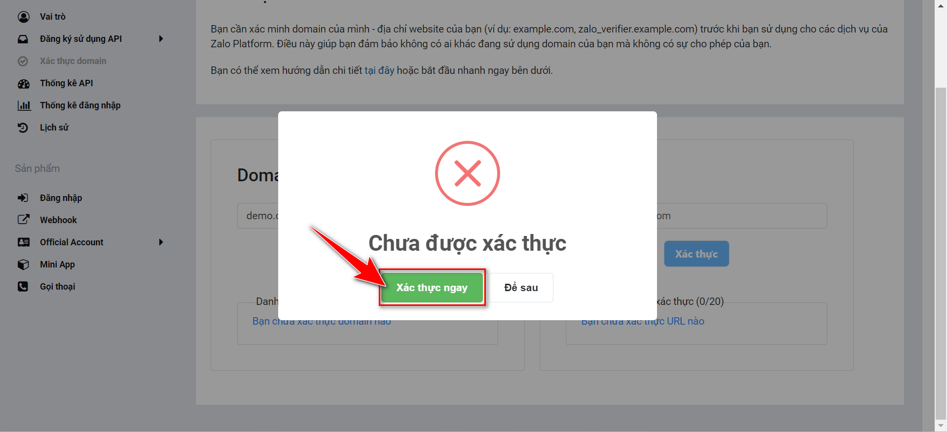 Nút Xác thực ngay để tiến hành xác thực domain