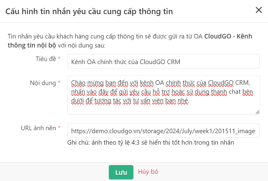 Popup Cấu hình tin nhắn yêu cầu cung cấp thông tin