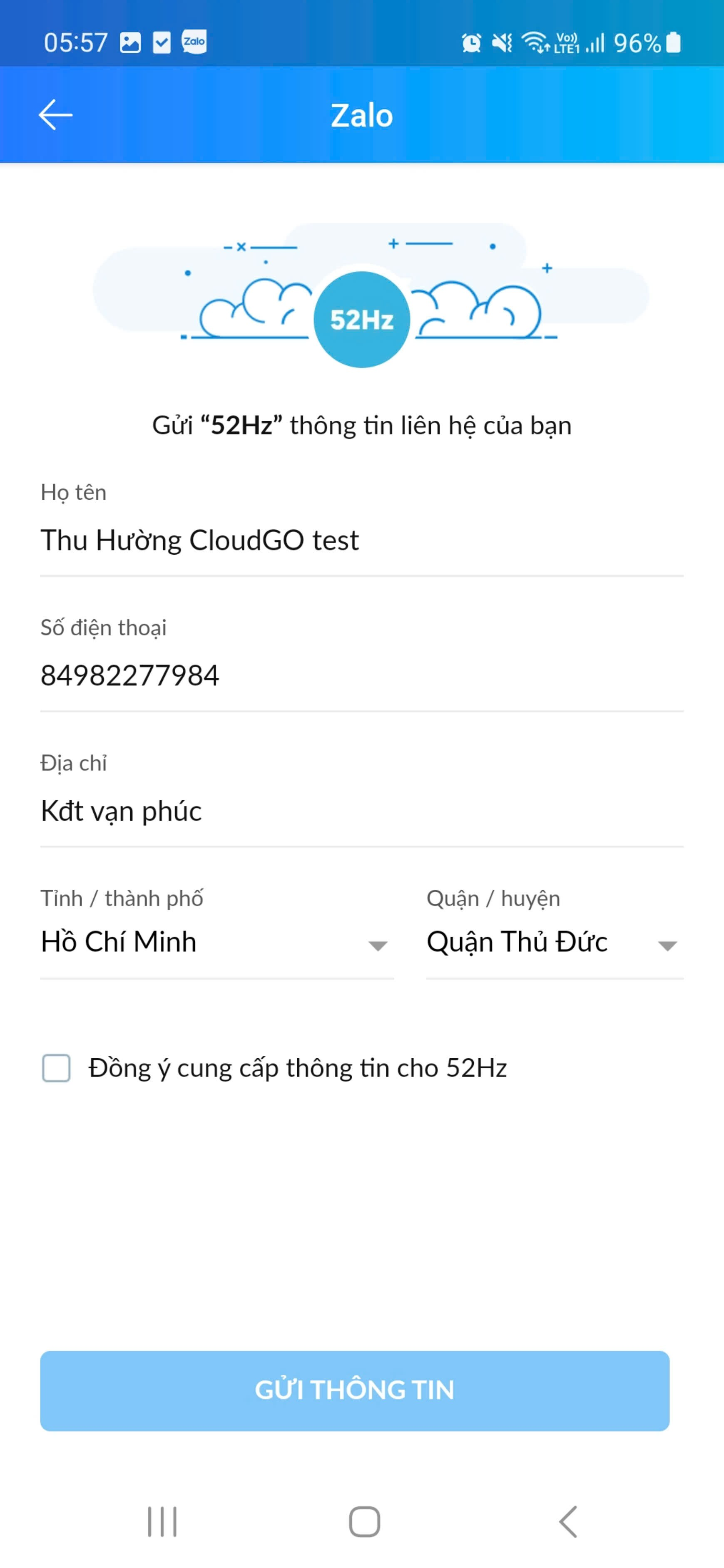Ví dụ nội dung form yêu cầu cung cấp thông tin theo mẫu Zalo