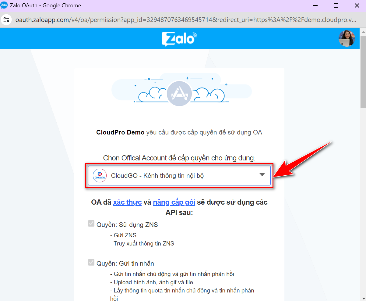 Popup cấp quyền Zalo — chọn Official Account và nhấn Đồng ý