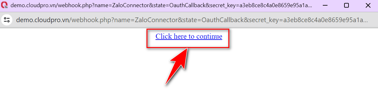 Thông báo Click Here To Continue sau khi ủy quyền thành công