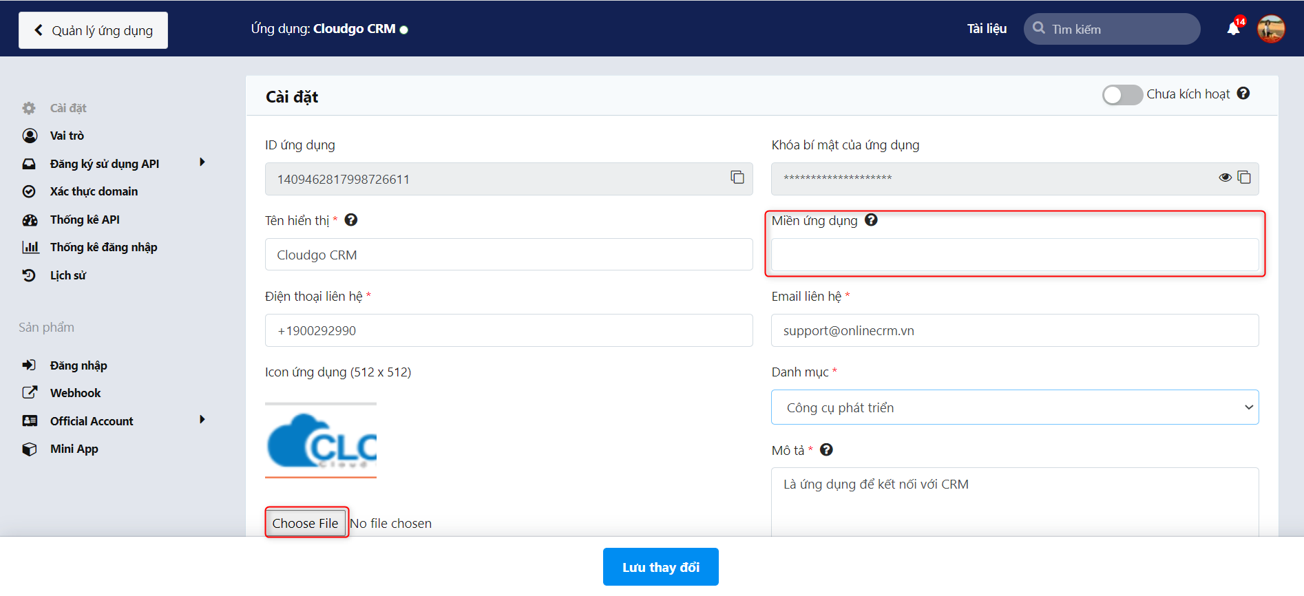 Popup tạo ứng dụng Zalo — nhập thông tin chi tiết và miền ứng dụng