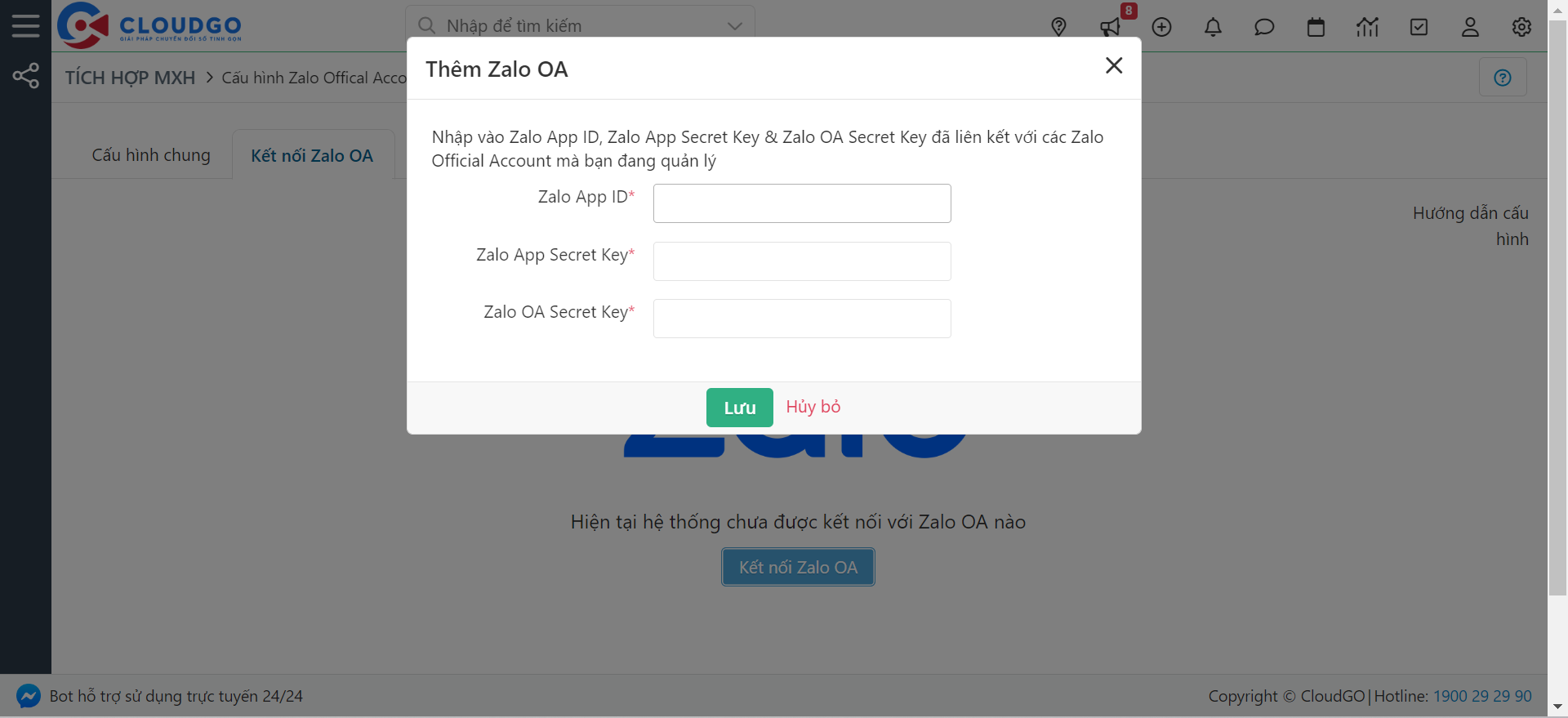Popup Kết nối Zalo OA — nhập thông tin kết nối