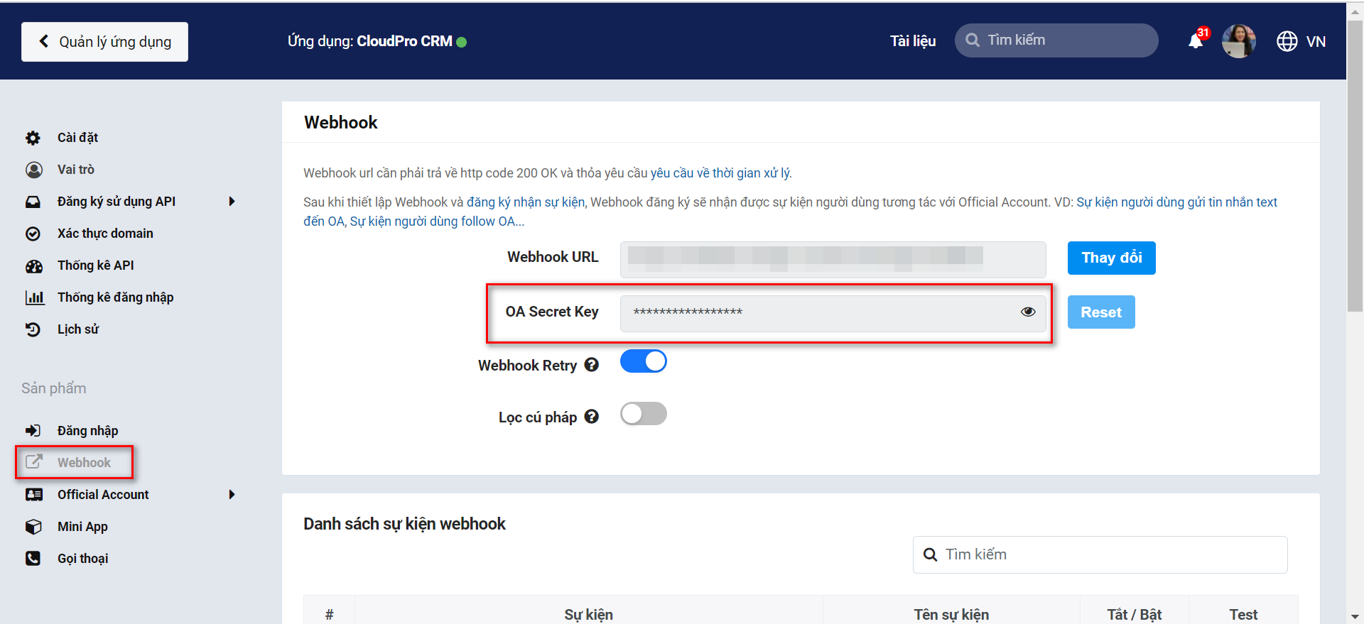 Vị trí lấy Zalo OA Secret Key trong mục Webhook