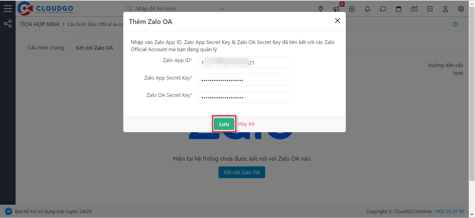 Nút Lưu sau khi nhập thông tin kết nối Zalo OA