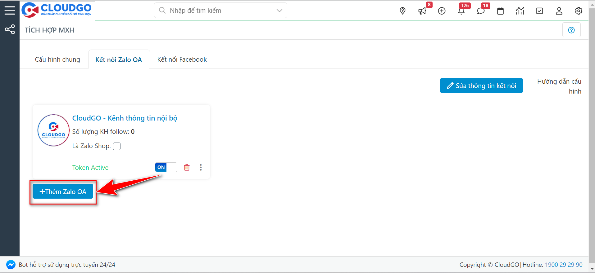 Nút Thêm Zalo OA để kết nối thêm Official Account