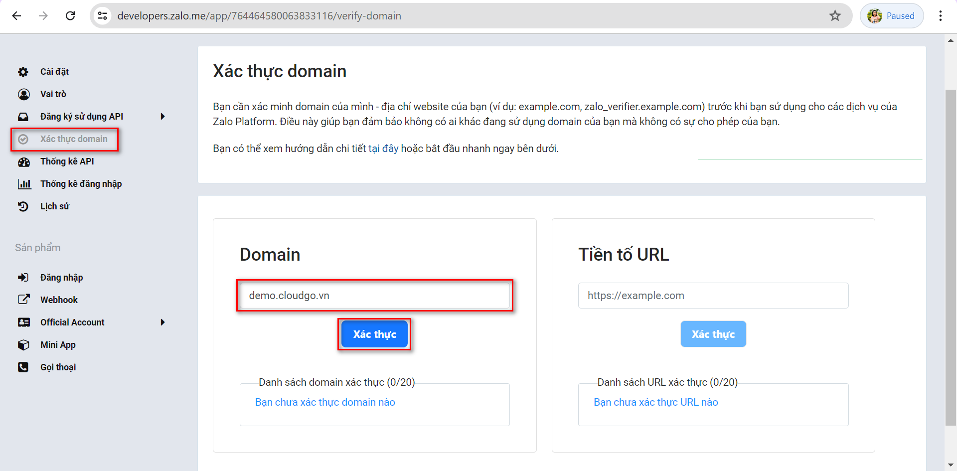 Nhập thông tin domain và nhấn Xác thực