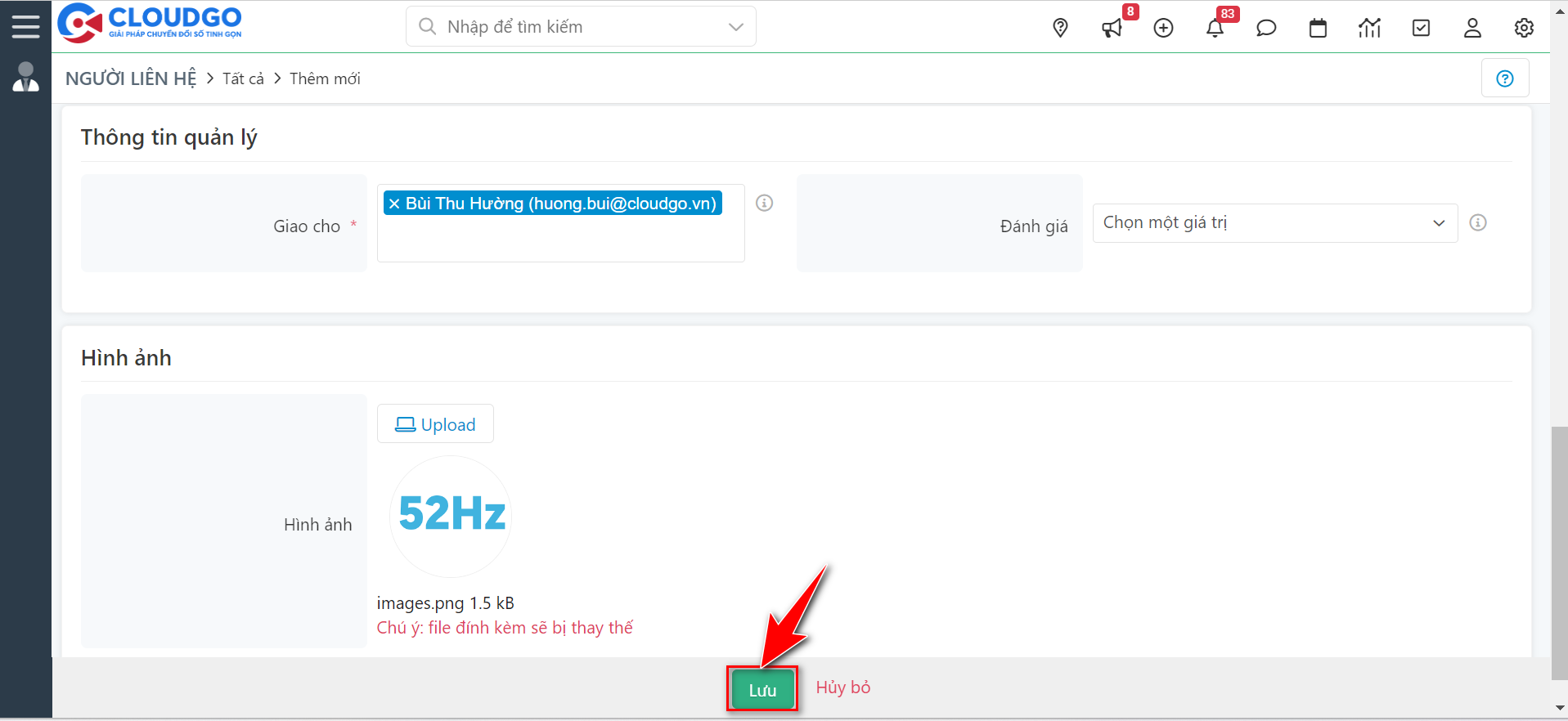Lưu hồ sơ Người liên hệ và copy link hình ảnh