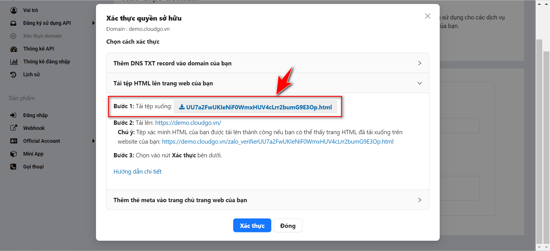 Tải tệp HTML xác thực domain về máy