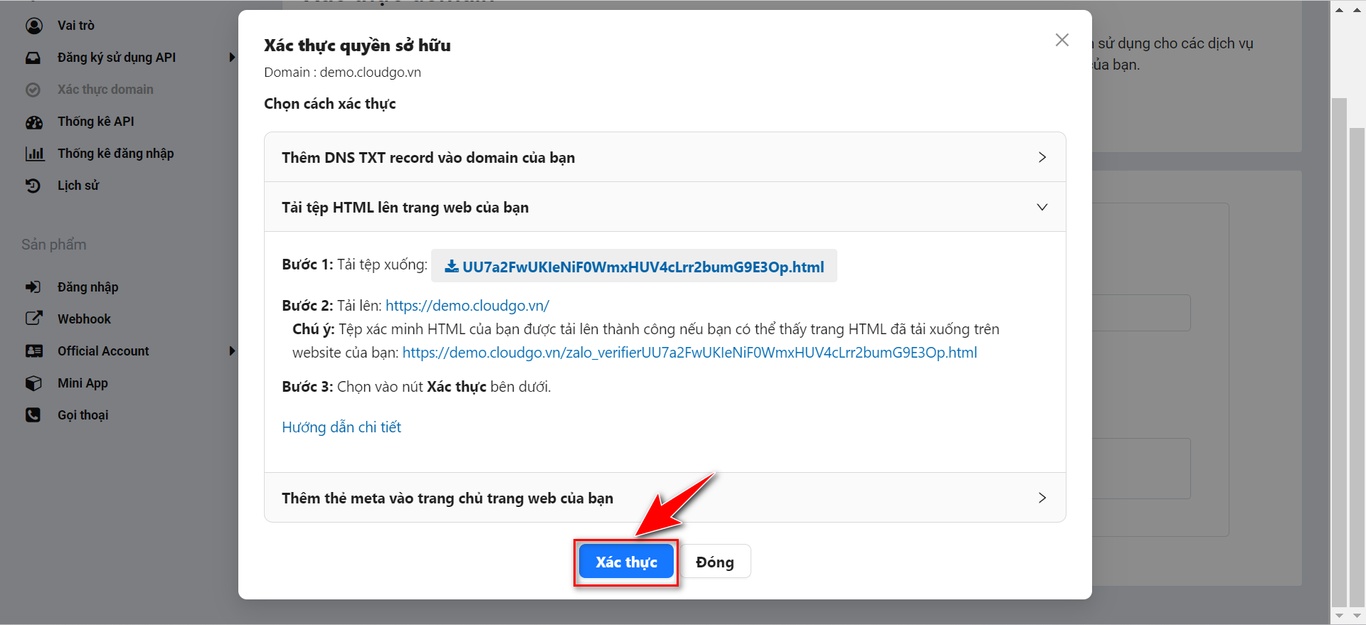 Nút Xác thực domain sau khi CRM đã cấu hình