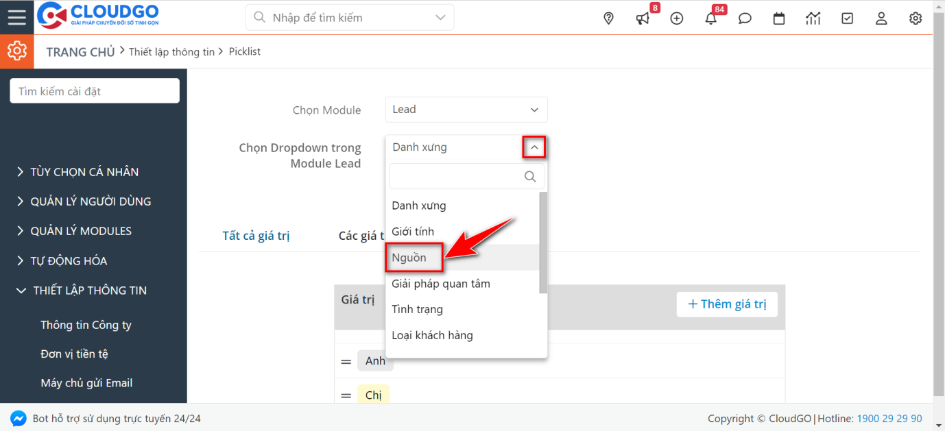 Chọn trường Nguồn chứa giá trị cần lấy Key