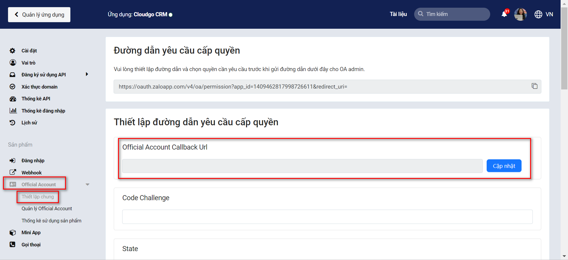 Menu Official Account — Thiết lập chung để cập nhật Callback URL