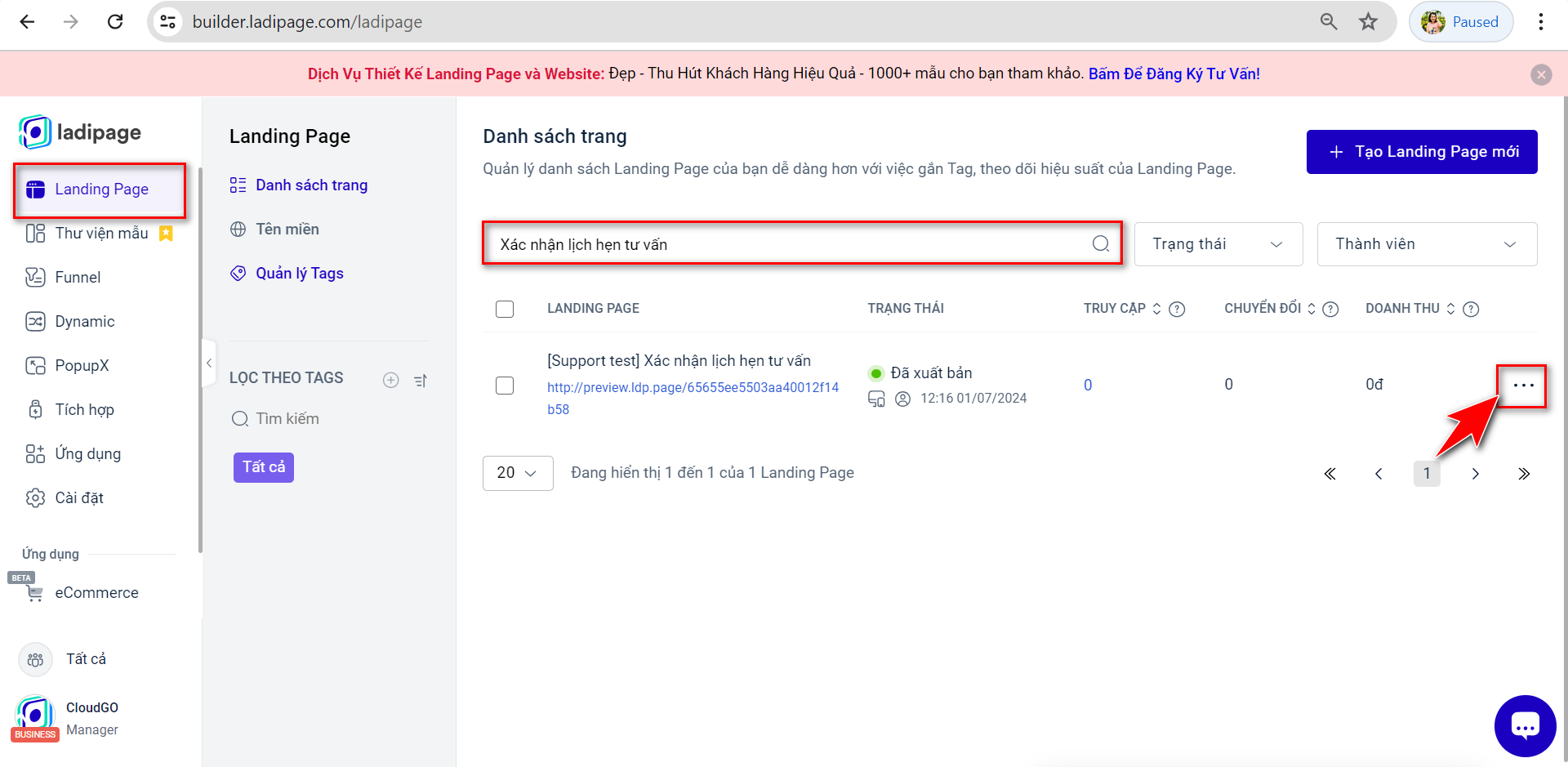 Bước 1 — Chọn Landing Page cần cấu hình form Lưu data trên Ladipage