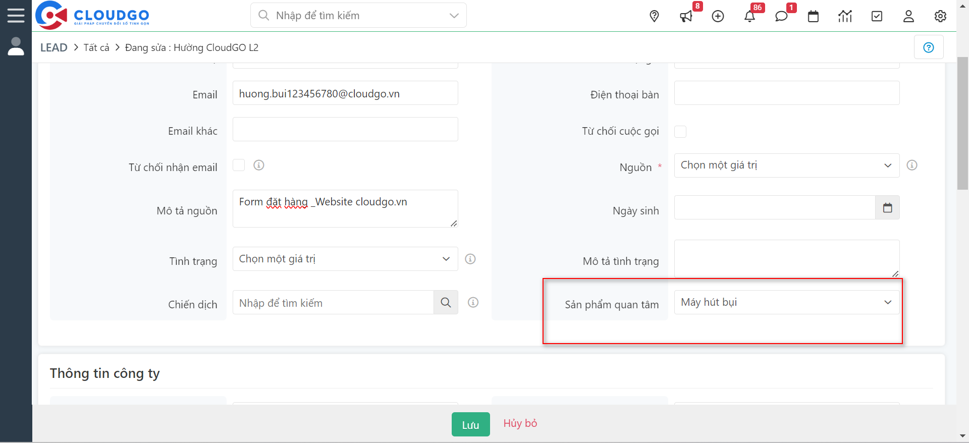 Nhấn Sửa, trường Sản phẩm quan tâm hiển thị đúng giá trị đã mapping