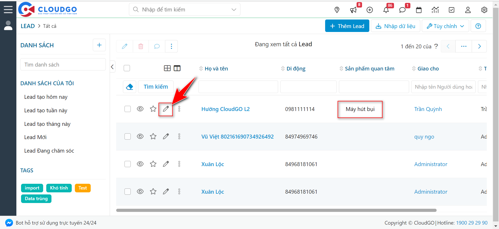 Ví dụ trường Sản phẩm quan tâm mất giá trị sau khi cập nhật hồ sơ Lead