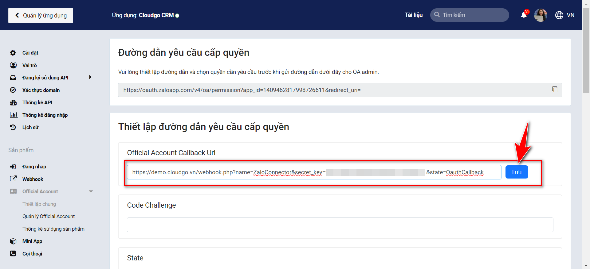 Nút Cập nhật Callback URL