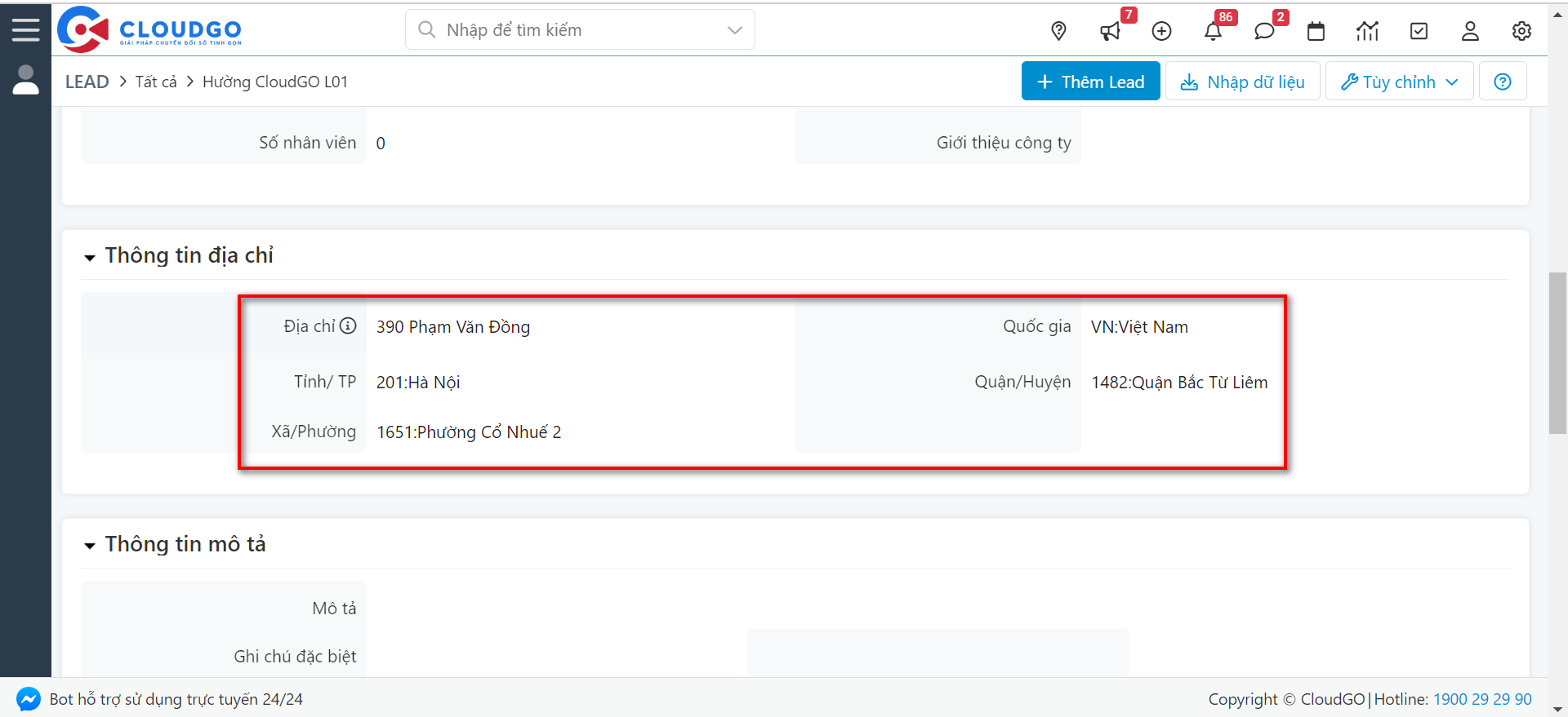 Kiểm tra thông tin Địa chỉ đã mapping thành công trên CRM