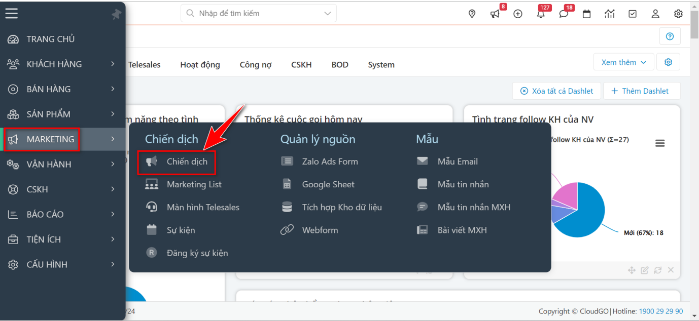 Bước 1 — Truy cập danh mục Marketing, chọn Chiến dịch