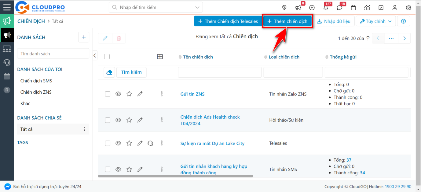 Bước 2 — Chọn Thêm Chiến dịch tại màn hình danh sách Chiến dịch