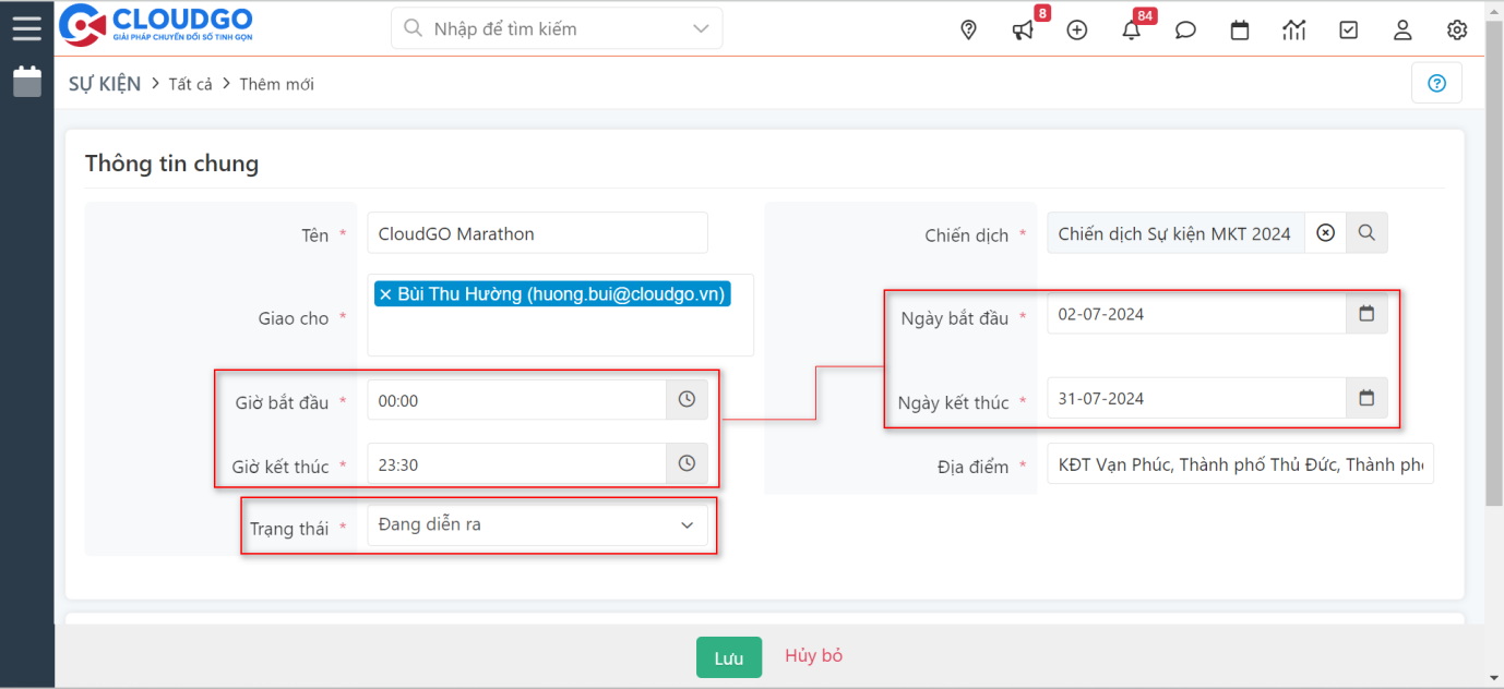Nhập thông tin Sự kiện CloudGO Marathon thuộc Chiến dịch Sự kiện MKT 2024