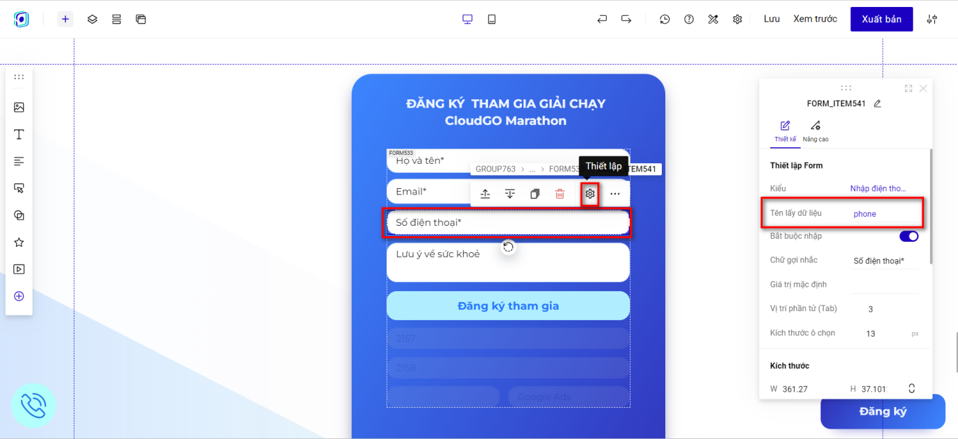 Trường Số điện thoại khách hàng với Tên lấy dữ liệu là phone