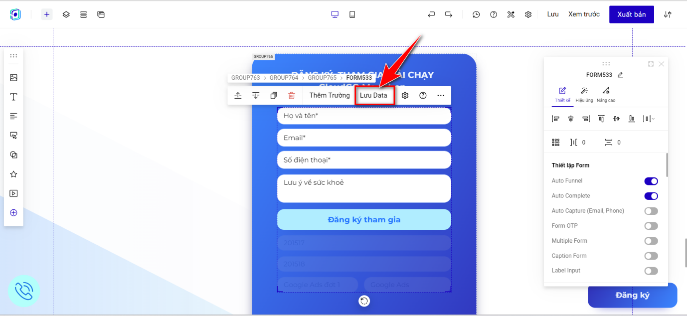 Bước 3 — Click vào full form, chọn Lưu data