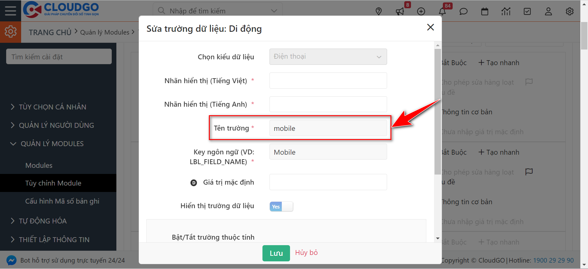 Copy Tên trường vào phần mapping form API