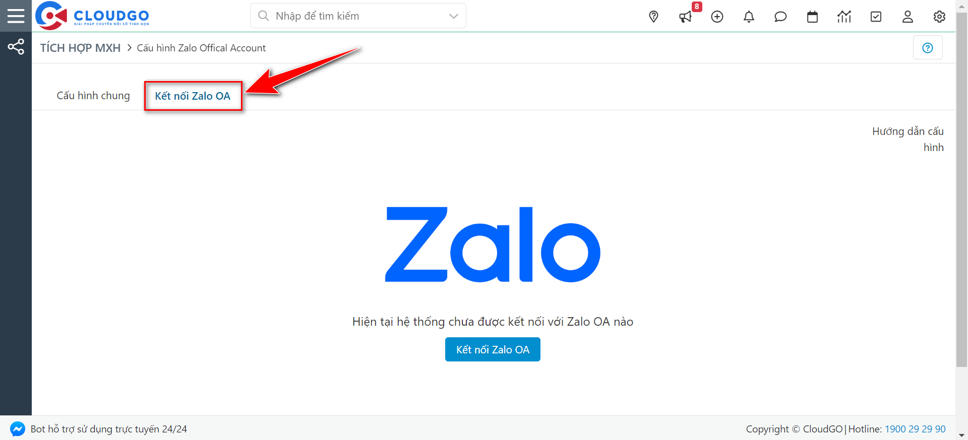 Tab Kết nối Zalo OA — tạo kết nối OA mới