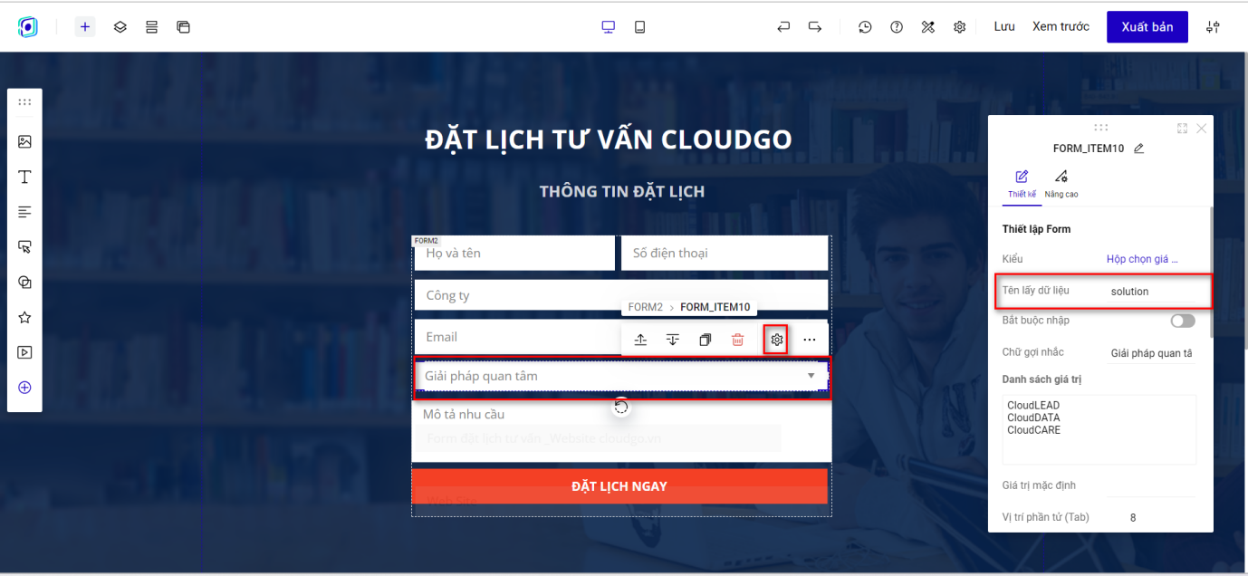 Trường Giải pháp quan tâm với Tên lấy dữ liệu là solution