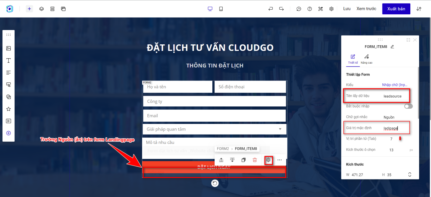 Trường ẩn Nguồn với Tên lấy dữ liệu là leadsource và Giá trị mặc định là Key Ladipage