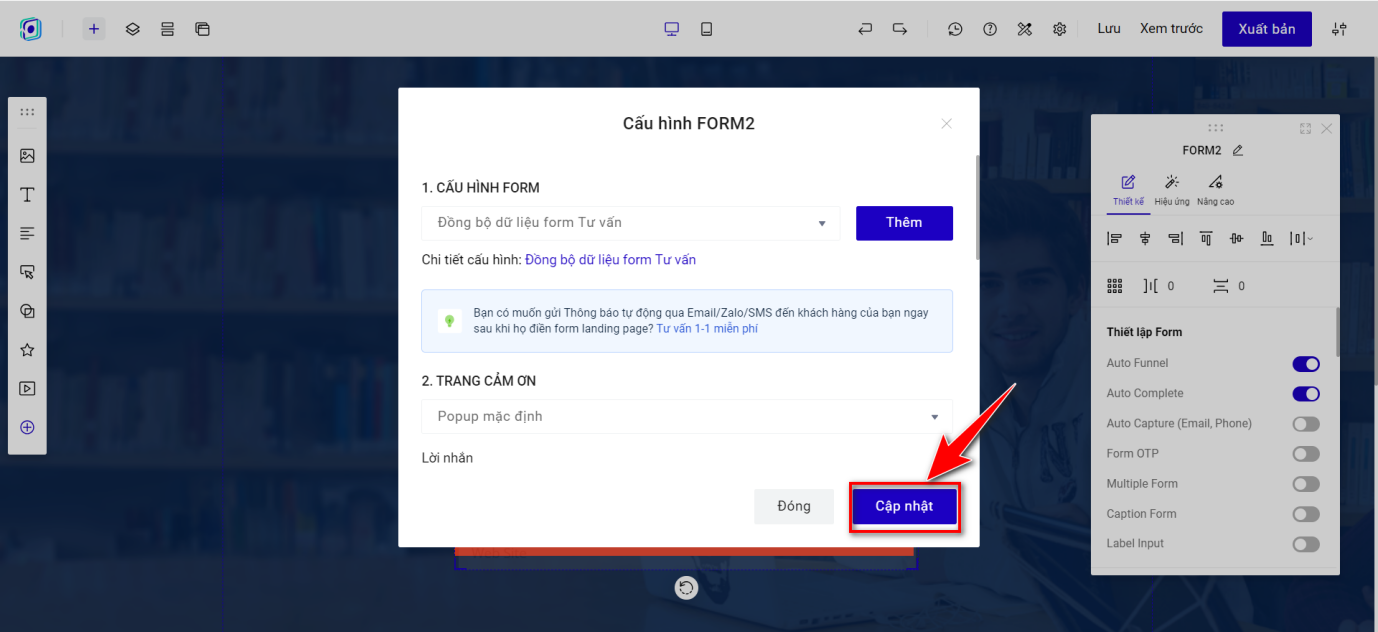 Bước 9 — Nhấn Cập nhật để hoàn tất liên kết form kết nối