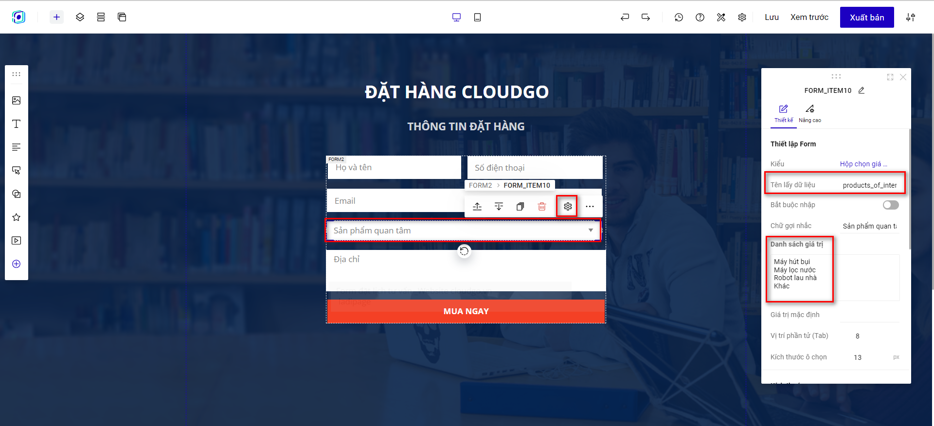Ví dụ thiết lập sai khi hiển thị Key thay vì giá trị tiếng Việt cho khách hàng chọn