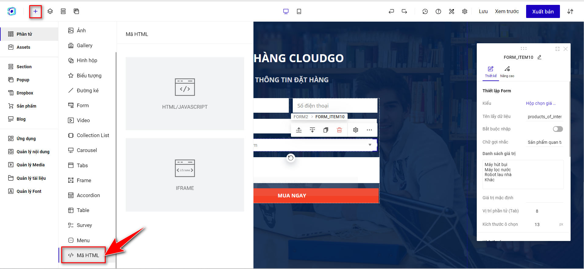 Bước 1 — Thêm 1 đoạn mã HTML trên trang Landing Page đang thiết kế