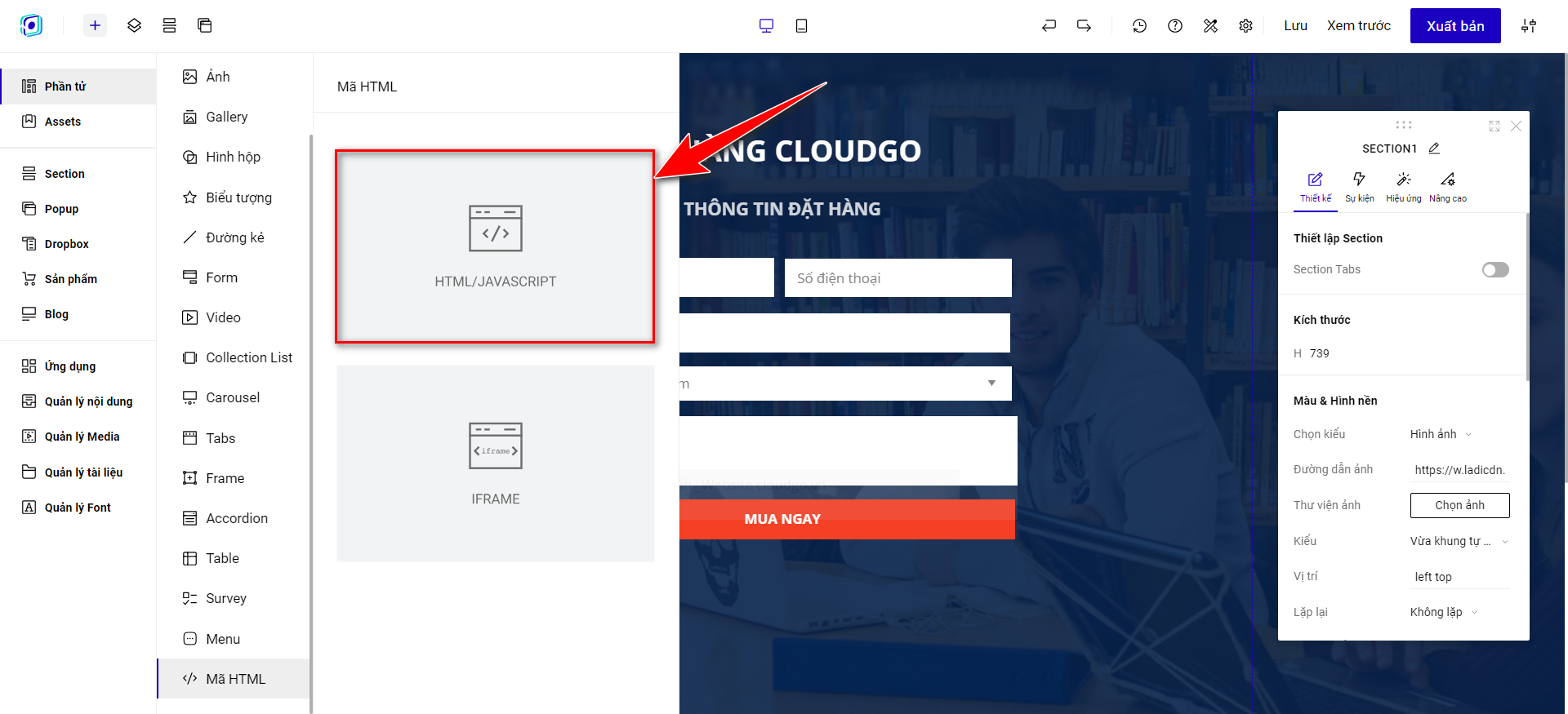 Bước 2 — Chọn loại mã HTML/JAVASCRIPT