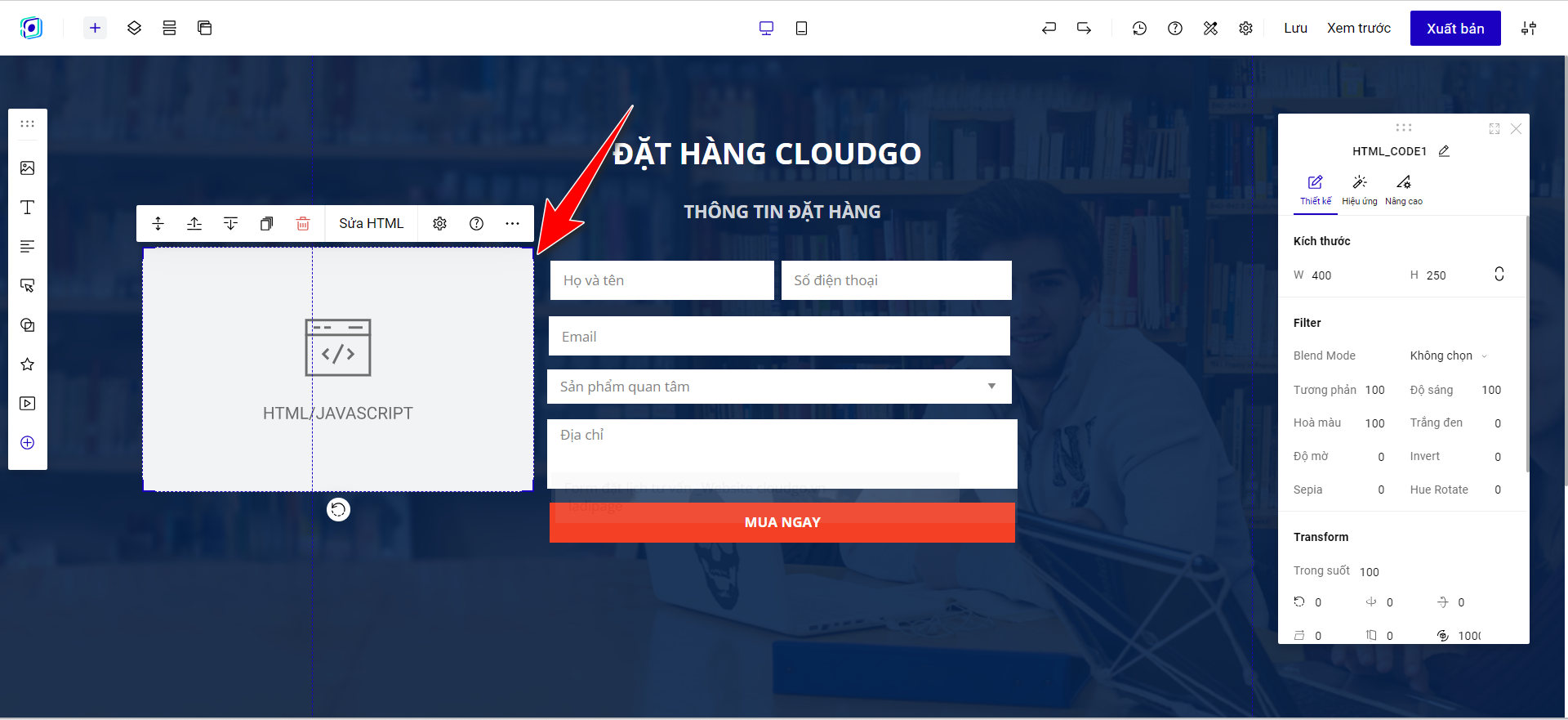 Bước 3 — Di chuyển bảng mã HTML đến vị trí mong muốn trên trang