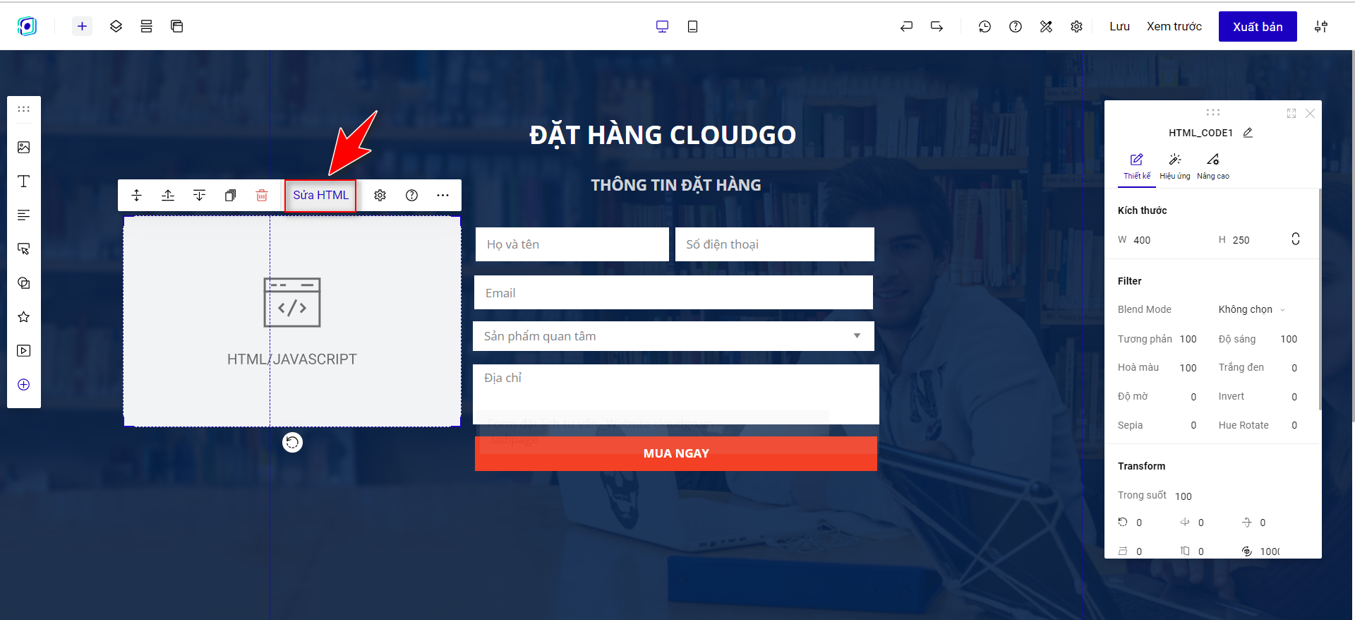 Bước 5 — Nhấn Sửa HTML, dán bảng mã code đã điều chỉnh