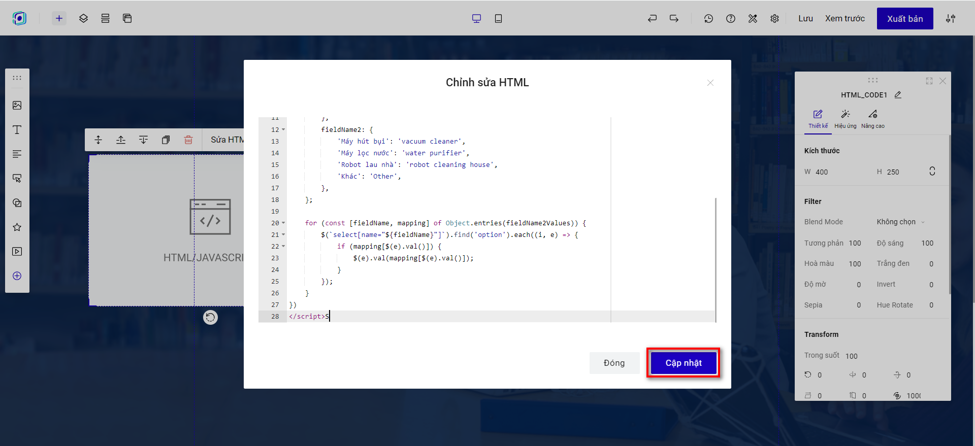 Kết quả sau khi cập nhật bảng mã code chuyển đổi giá trị