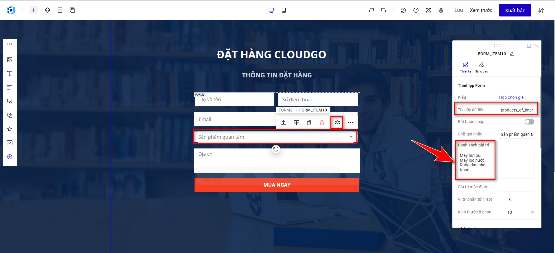 Danh sách giá trị Sản phẩm quan tâm hiển thị tiếng Việt cho khách hàng chọn