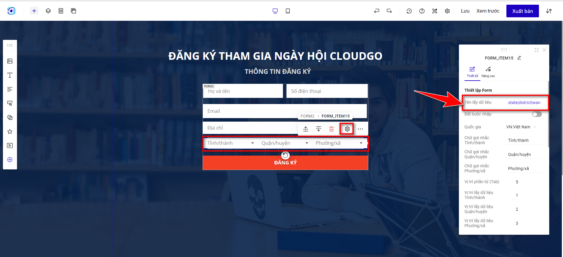 Bước 1 — Copy Tên lấy dữ liệu của khối Tỉnh/TP - Quận/Huyện - Xã/Phường