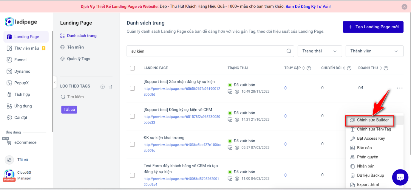Bước 2 — Click icon Ba chấm, chọn Chỉnh sửa Builder