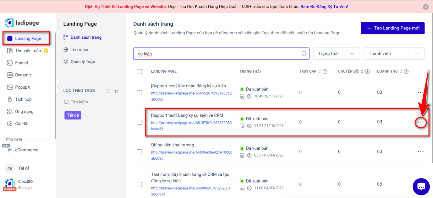 Bước 1 — Chọn Landing Page cần cấu hình form Lưu data đăng ký sự kiện