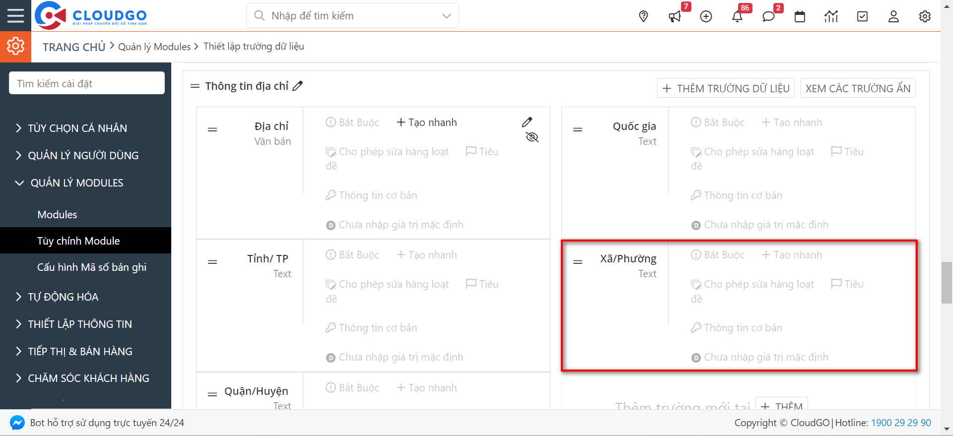 Bổ sung trường Xã/Phường trên CRM trước khi mapping