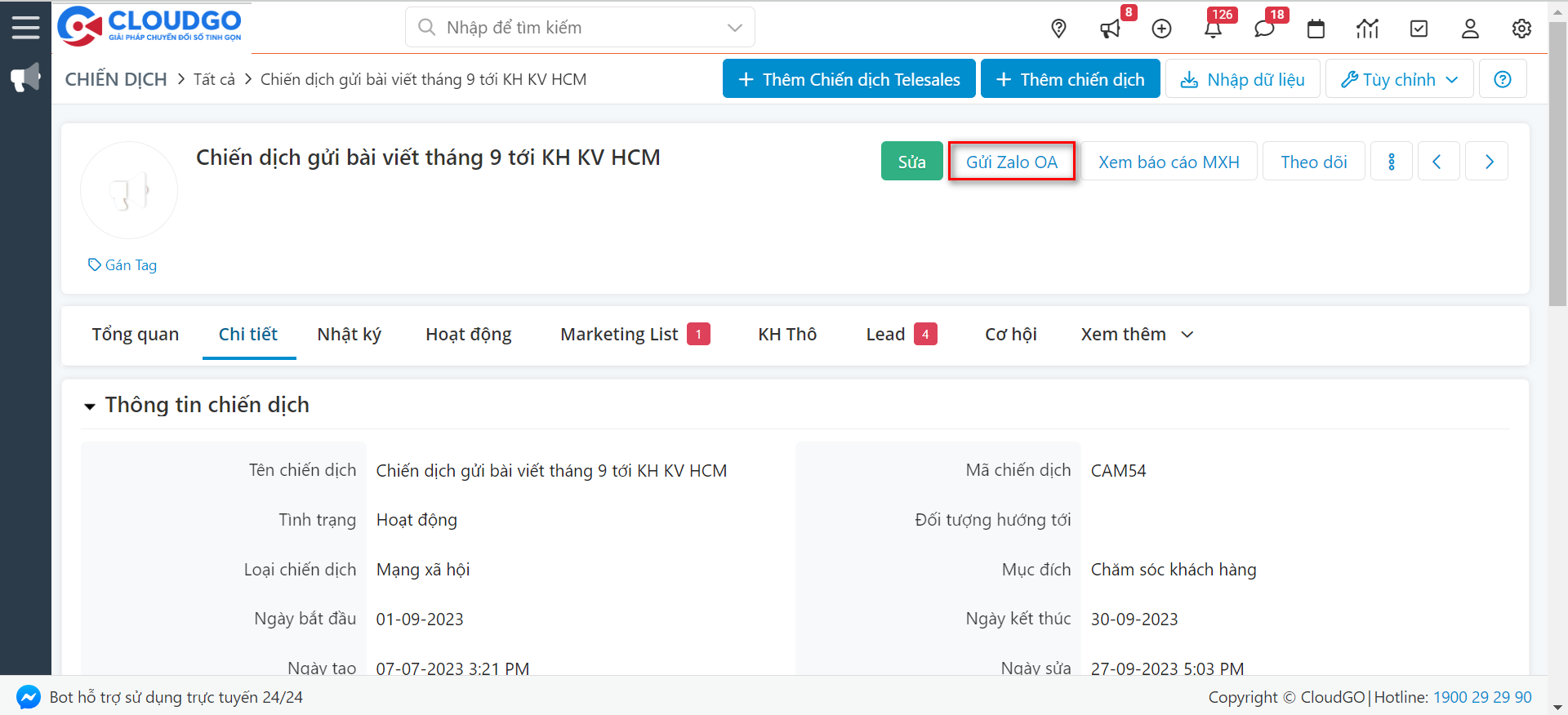 Tính năng gửi tin nhắn Broadcast Zalo từ CRM