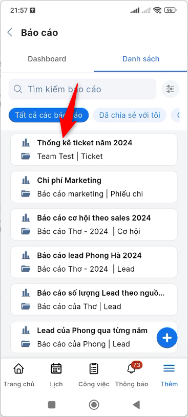 Tìm kiếm báo cáo tại tab Danh sách