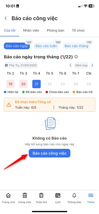 Chọn Báo cáo công việc tại tab Báo cáo ngày