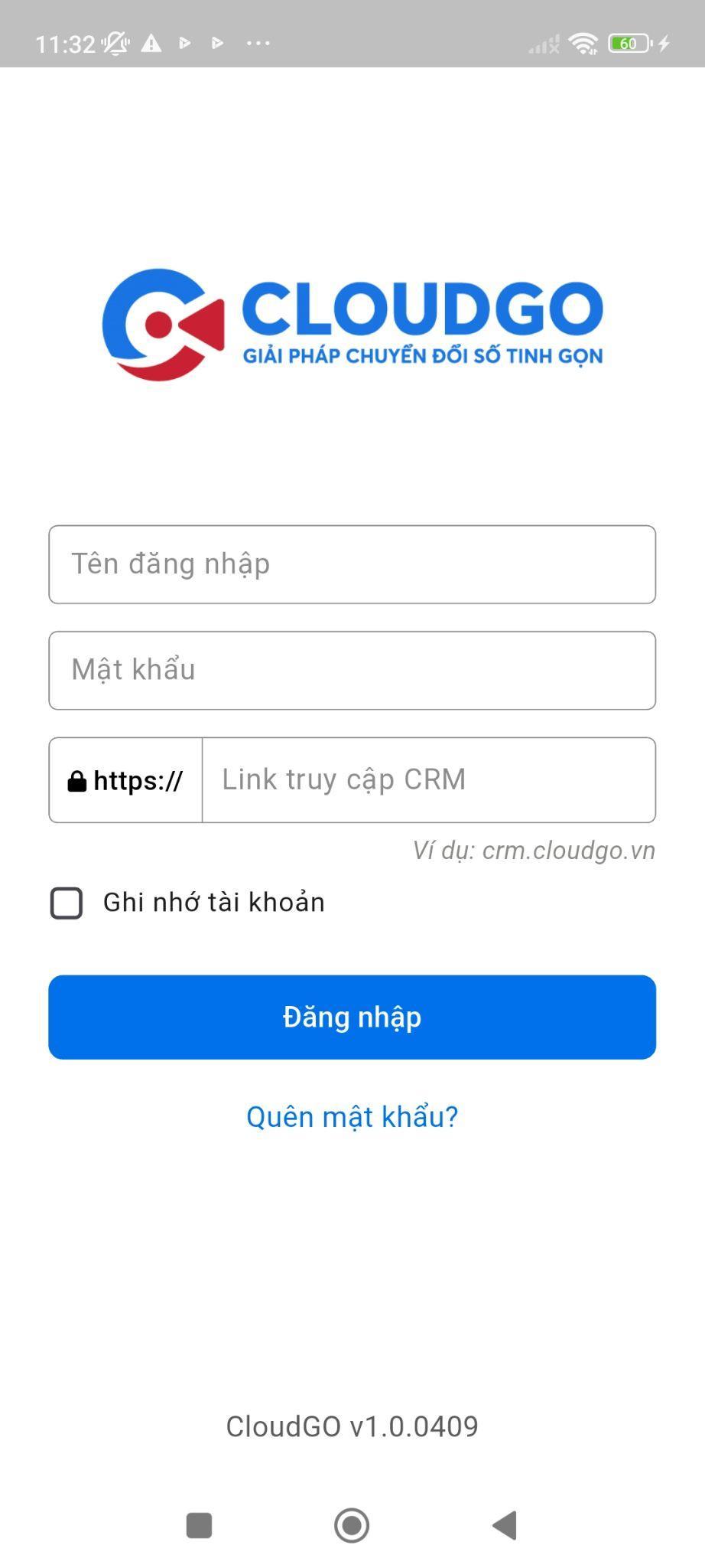 Màn hình đăng nhập ứng dụng CloudGO trên Android
